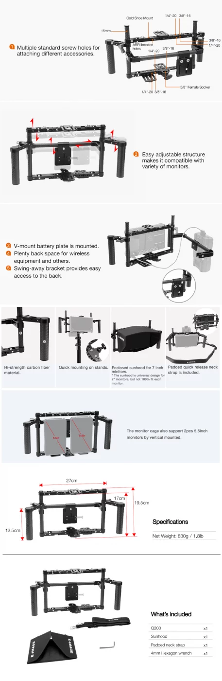 E-IMAGE Q200 Carbon fiber monitor cage. Клетка для монитора (9")